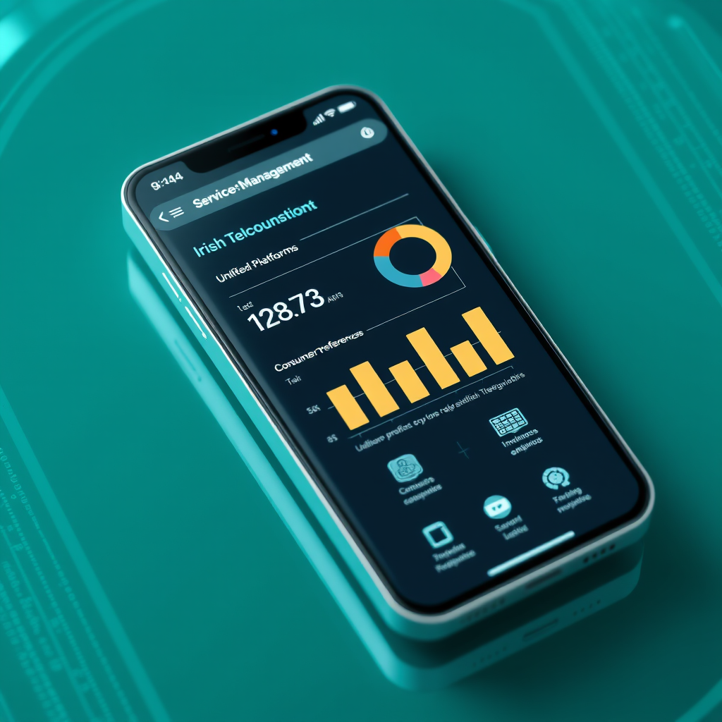 Modern smartphone displaying digital service management interface with Irish telecommunications data, charts showing consumer preferences for unified platforms, and mobile service icons on a futuristic teal background