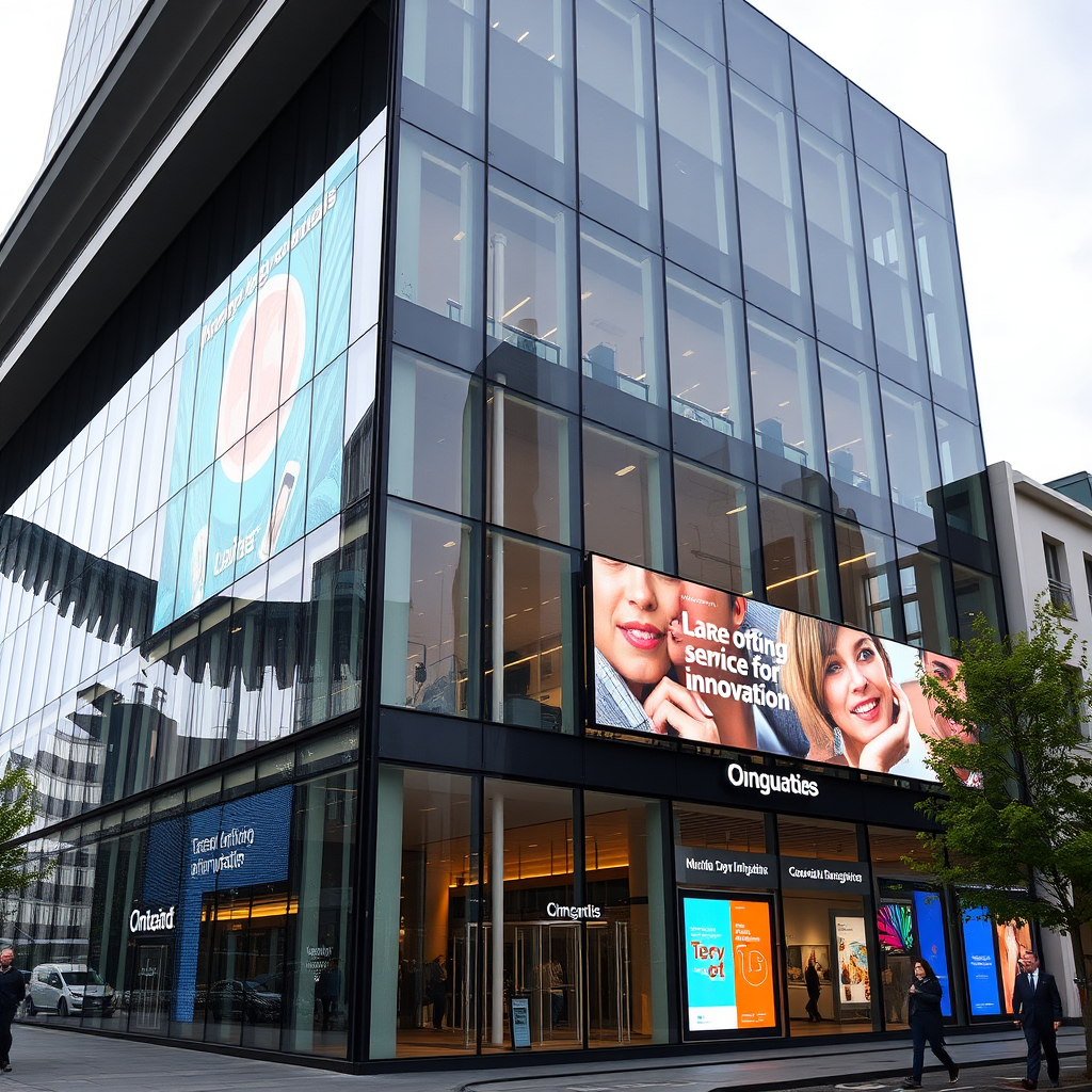 Modern glass building with futuristic architecture in Dublin technology district featuring digital displays and mobile service innovation signage