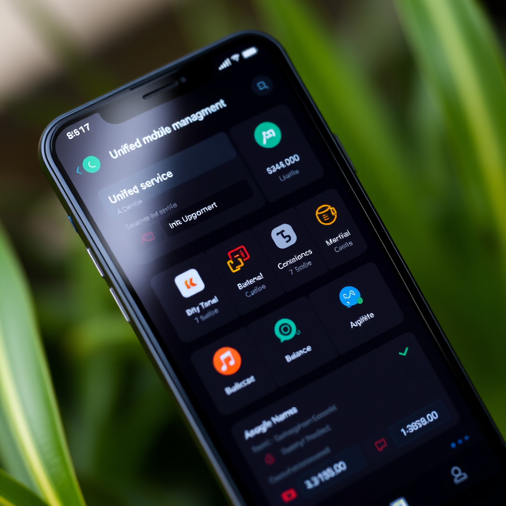 Modern smartphone displaying a unified mobile service management dashboard with multiple service icons, plan details, and balance information on screen, representing the growing trend of consolidated digital platforms in Ireland