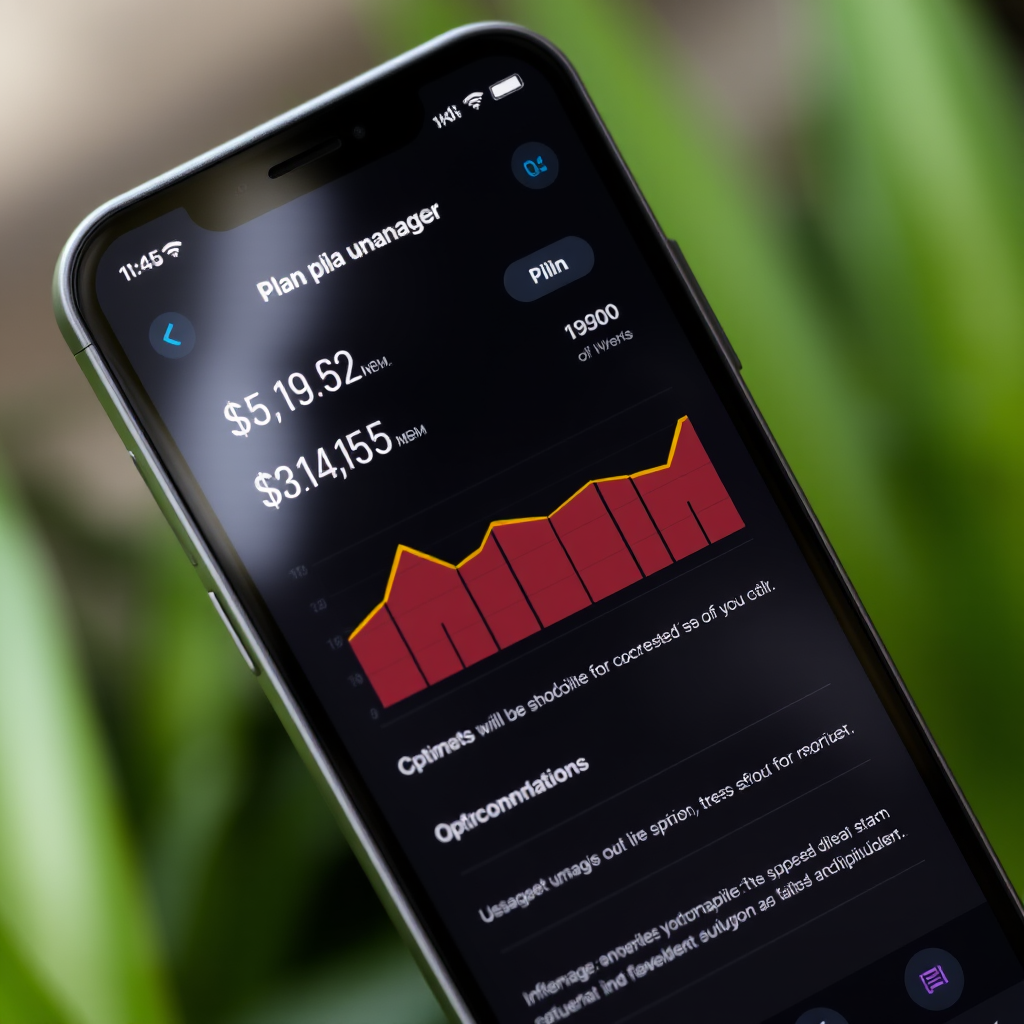 Modern smartphone displaying mobile plan management interface with usage statistics, plan details, and optimization recommendations
