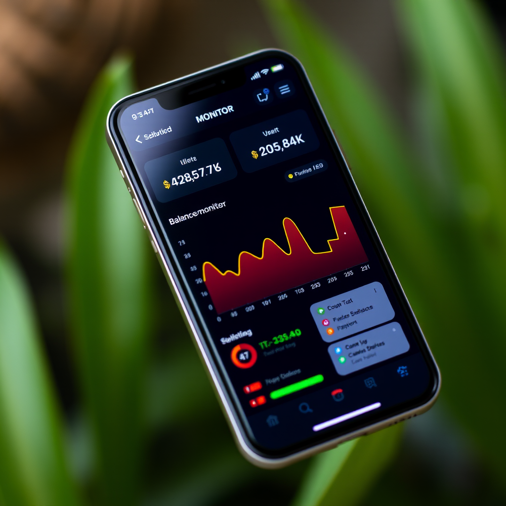 Modern smartphone displaying real-time balance monitoring dashboard with colorful charts and alert notifications