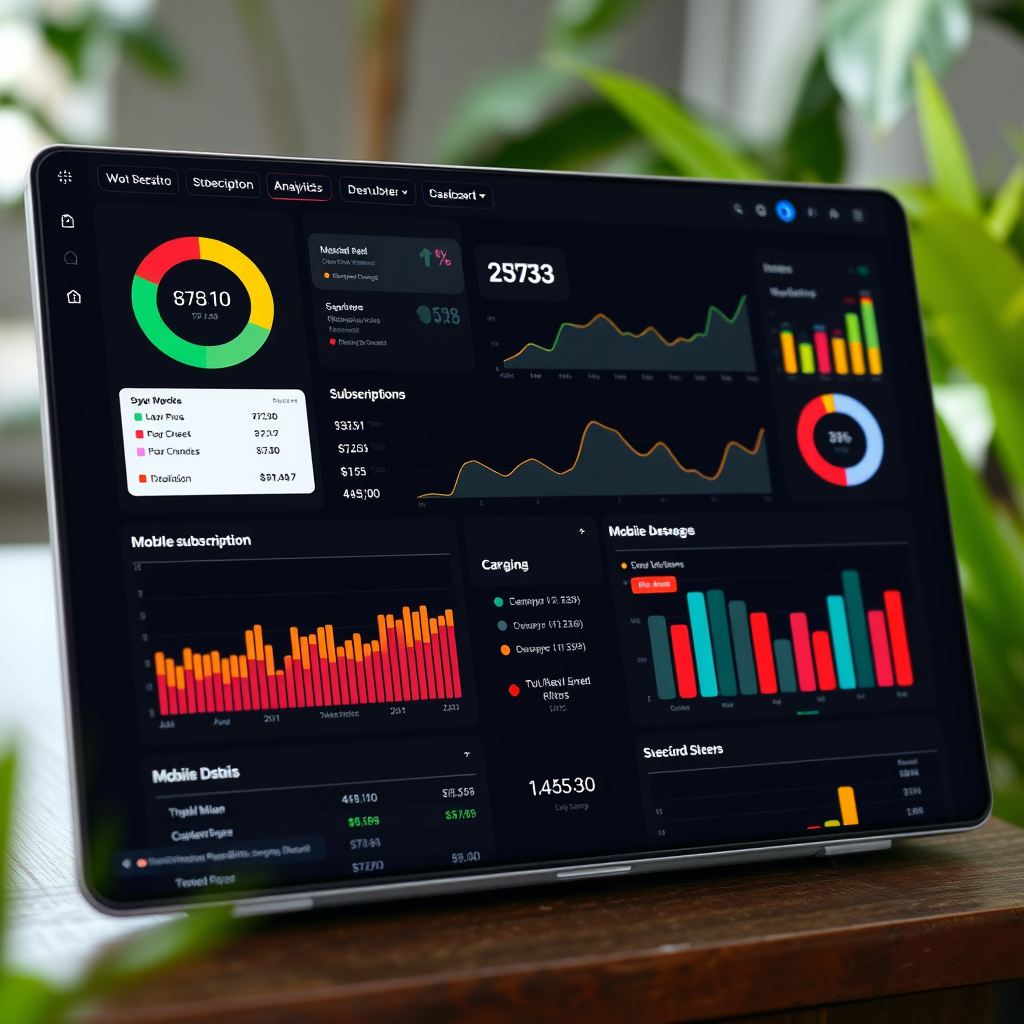 Modern analytics dashboard showing mobile subscription data with colorful charts, graphs, and usage statistics on a sleek interface