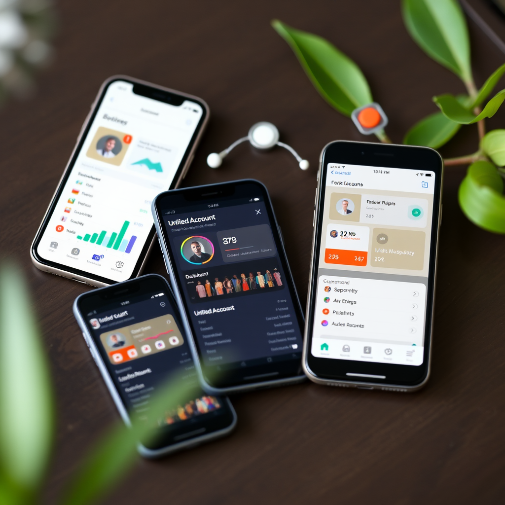 Multiple mobile devices connected through digital integration showing unified account management dashboard