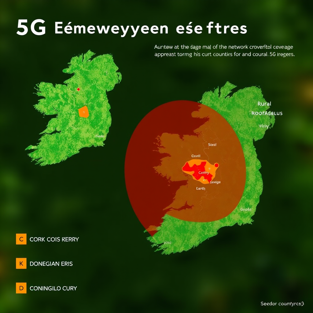 Technical diagram showing 5G network coverage map of Ireland with highlighted expansion zones in rural counties including Cork, Kerry, Donegal, and Mayo