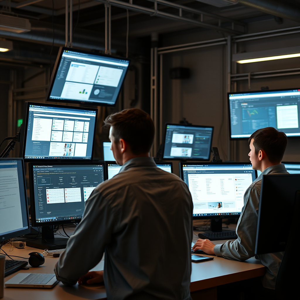 Engineers working on mobile service platforms with multiple screens showing eir top up interfaces and subscription management systems
