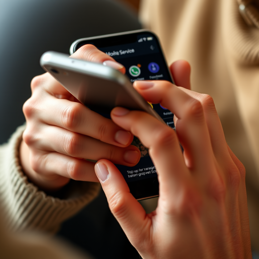 Close-up of hands using a smartphone to access mobile service management features, showing various service icons and quick access buttons for top up eir and other mobile functions