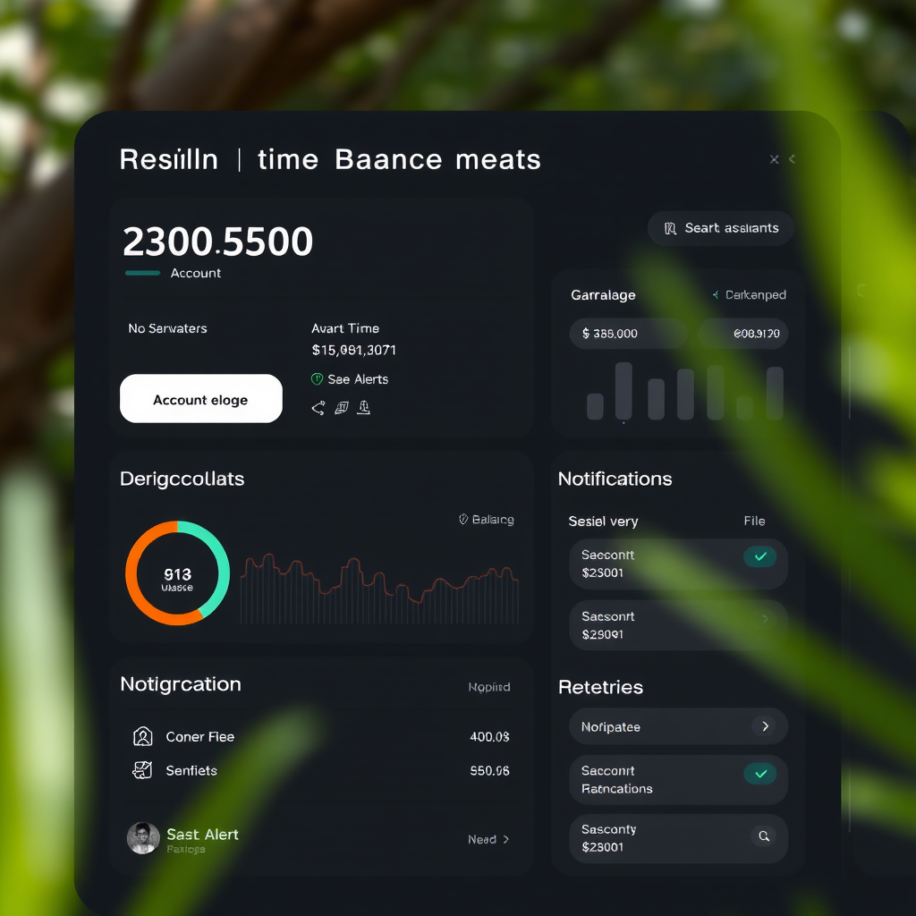 Real-time balance monitoring interface displaying account balance, usage alerts, and notification settings with modern dashboard design
