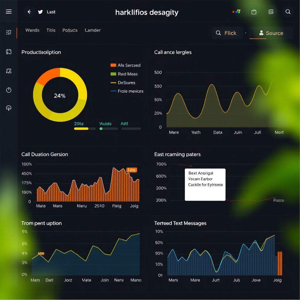 Detailed mobile usage analytics dashboard showing data consumption graphs, call duration statistics, and text message usage patterns over time