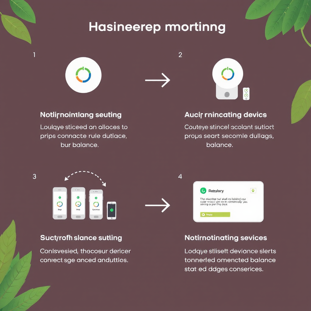 Step-by-step illustration showing the balance monitoring setup process with connected devices and notification alerts