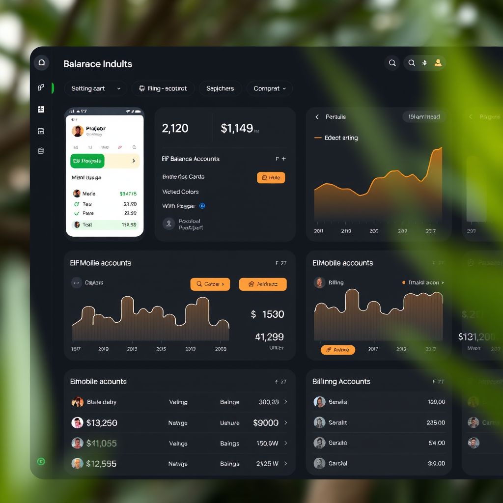 Modern dashboard interface showing multiple eir mobile accounts with balance tracking, usage statistics, and billing information in a unified view
