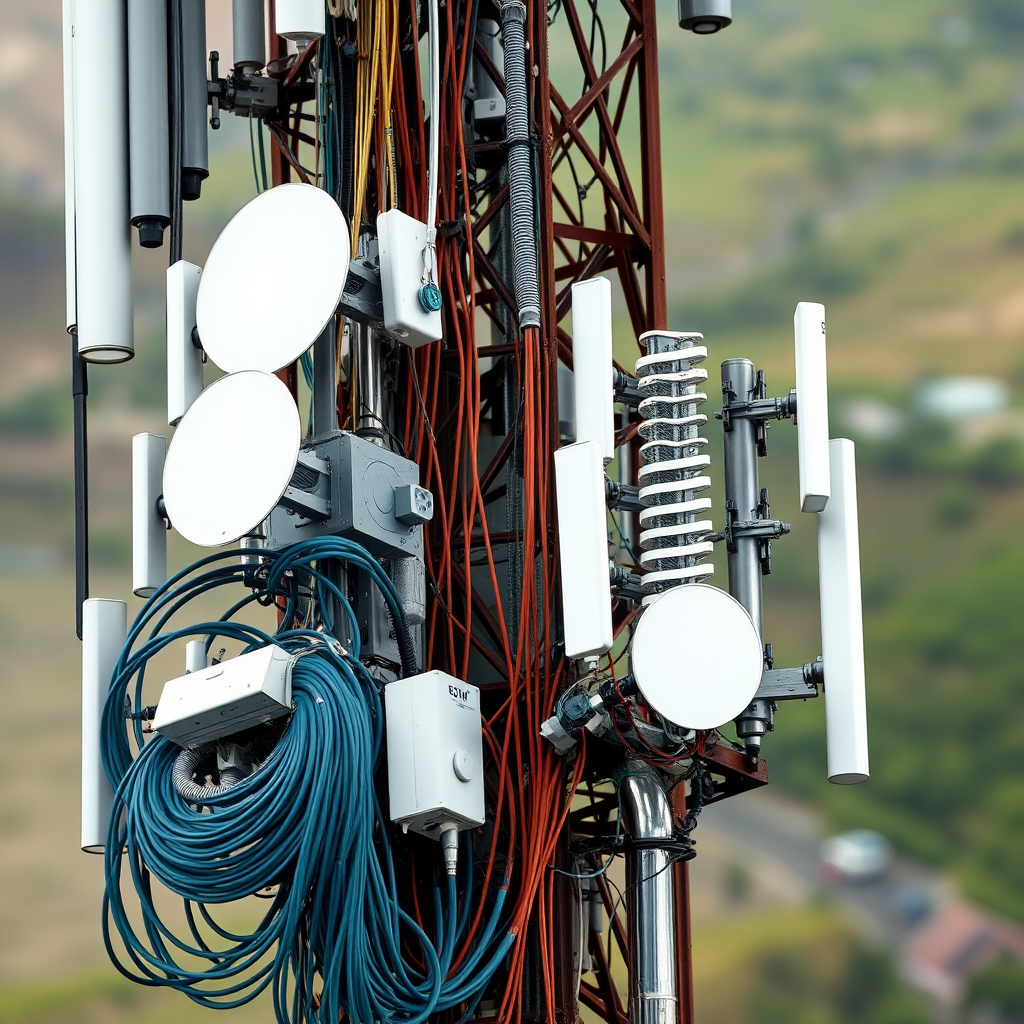 Modern telecommunications equipment installation showing fiber optic cables and 5G antenna arrays being installed on Irish communication tower