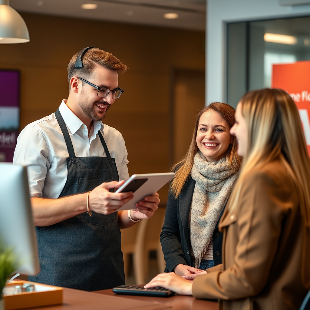 Customer service representative providing clear communication about mobile service options and eir mobile plans to satisfied customers in modern Irish telecommunications office