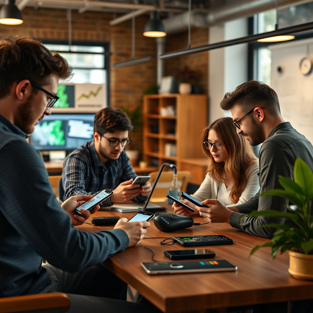 Collaborative workspace with developers testing mobile applications and eir quick top up features on various devices