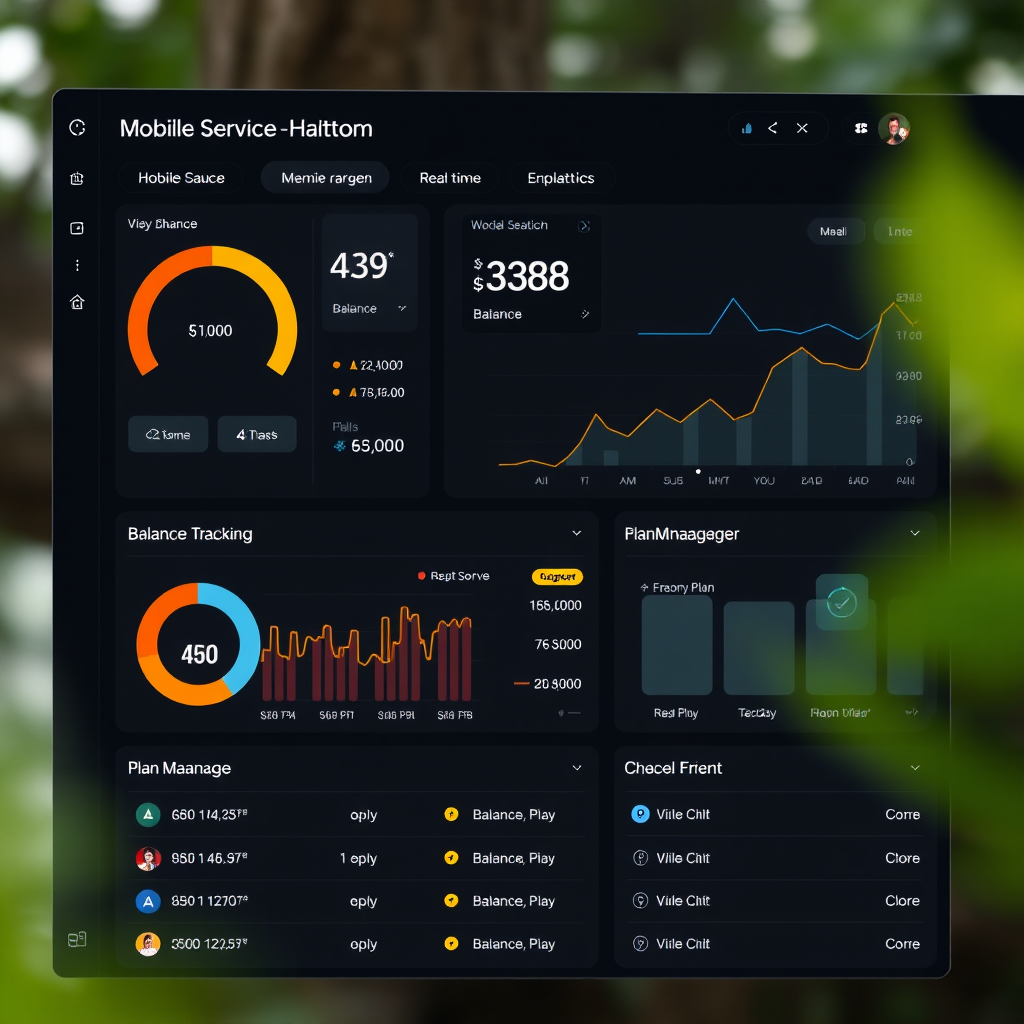 Digital dashboard interface displaying real-time mobile service analytics, balance tracking, and plan management options, illustrating the comprehensive nature of modern mobile service platforms