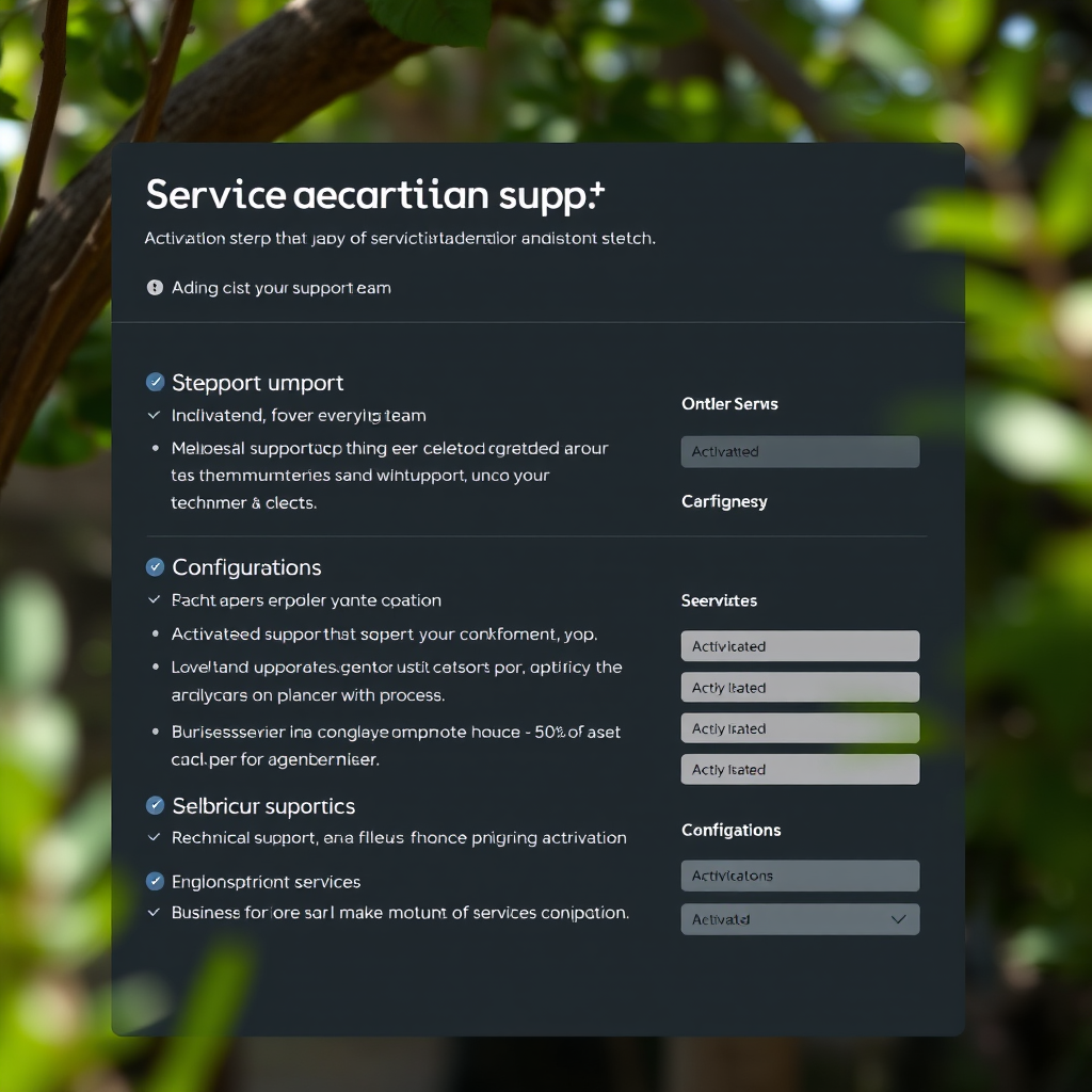 Service activation support interface showing step-by-step activation process with technical support team assistance and configuration options