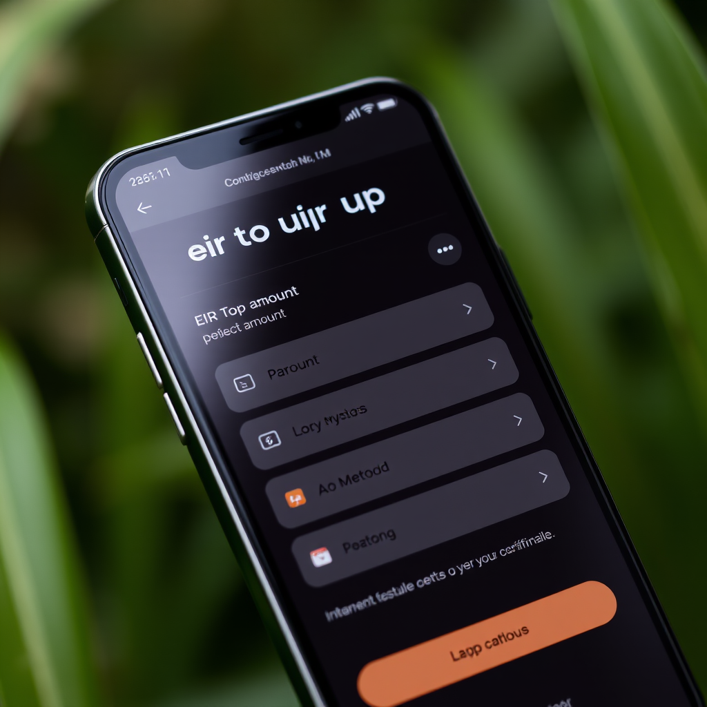 Mobile phone screen showing eir top up interface with amount selection, payment method options, and instant confirmation process