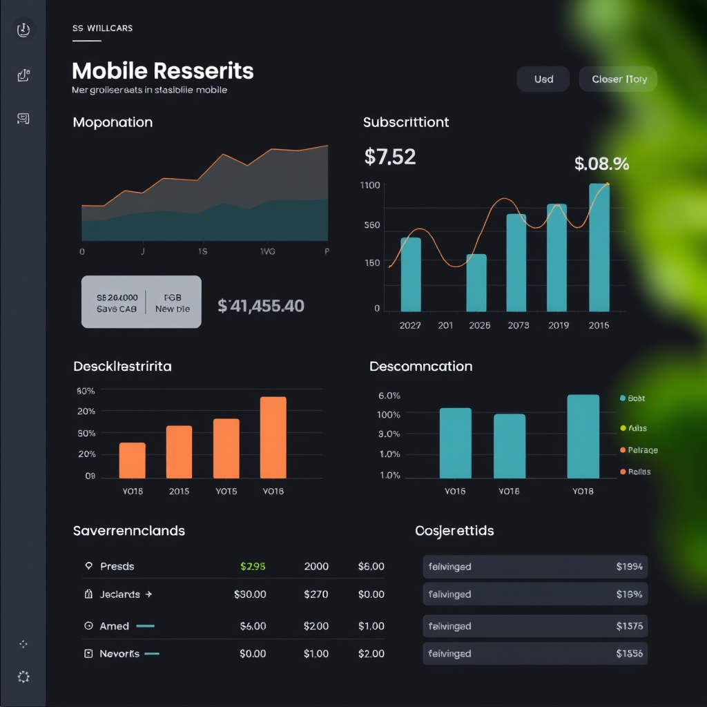 Professional analytics report showing mobile subscription data with graphs, charts, cost breakdowns, and savings recommendations in a clean dashboard layout