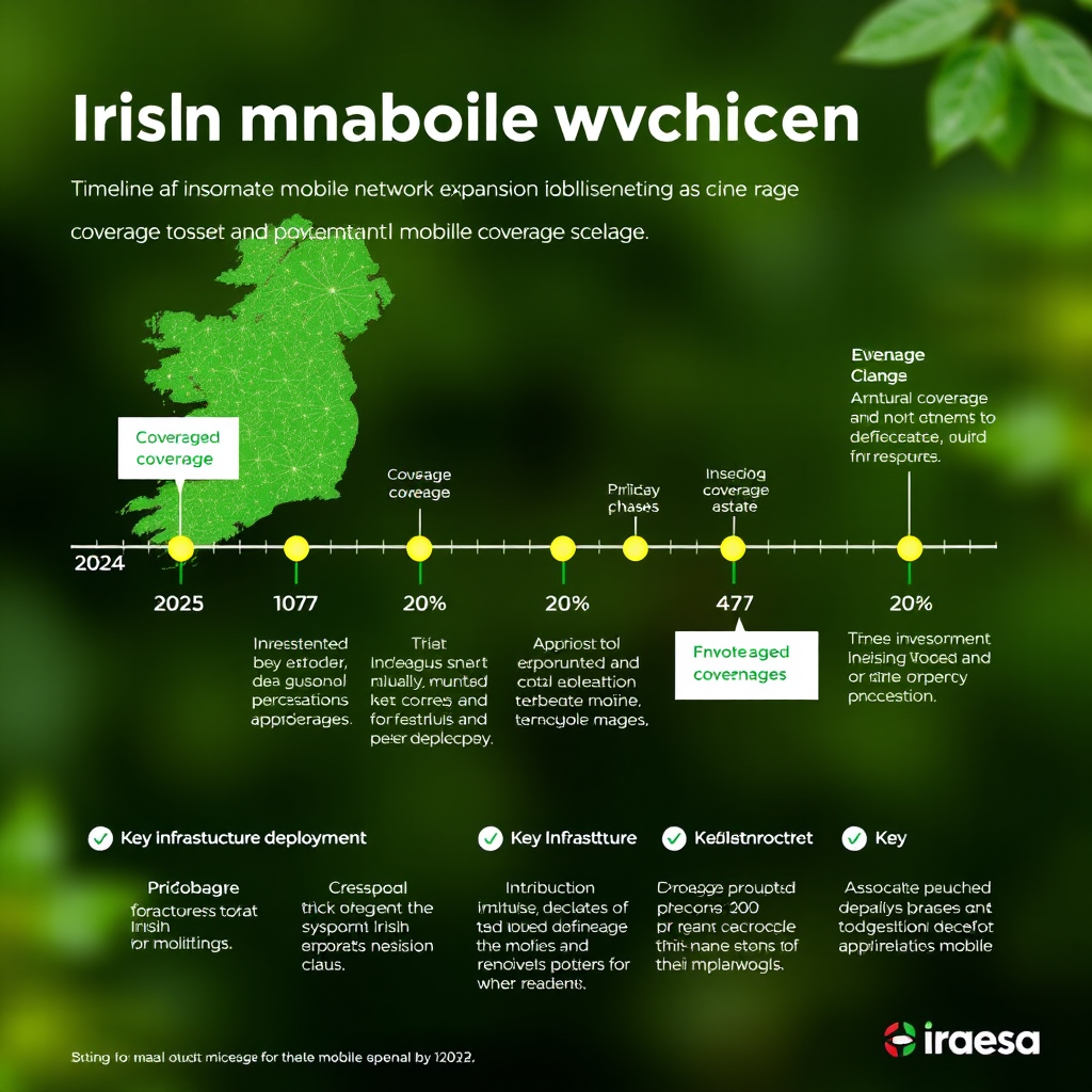Infographic showing timeline of Irish mobile network expansion from 2024 to 2027, featuring coverage percentage milestones, investment amounts, and key infrastructure deployment phases