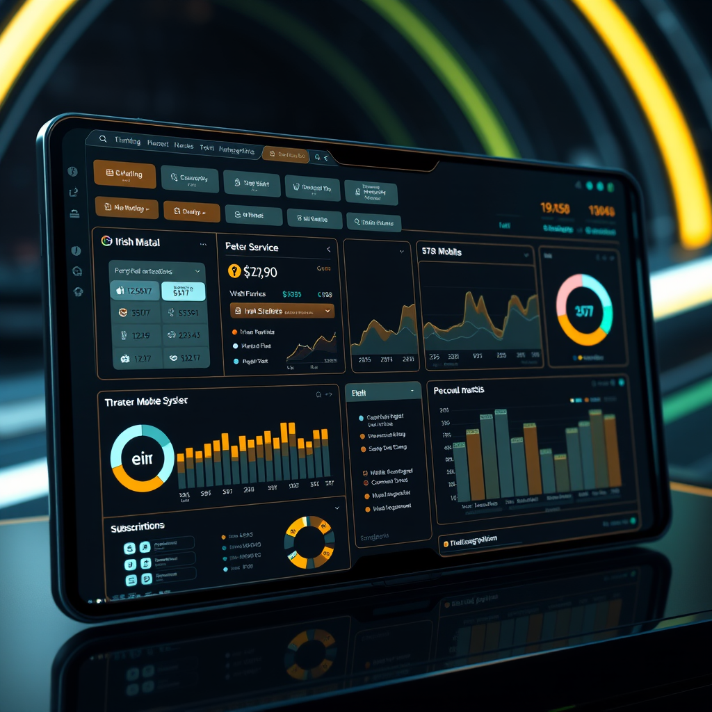 Futuristic interface showing integrated telecommunications management platform with Irish market data, featuring eir mobile services, digital payment systems, and subscription analytics in a sleek, modern design