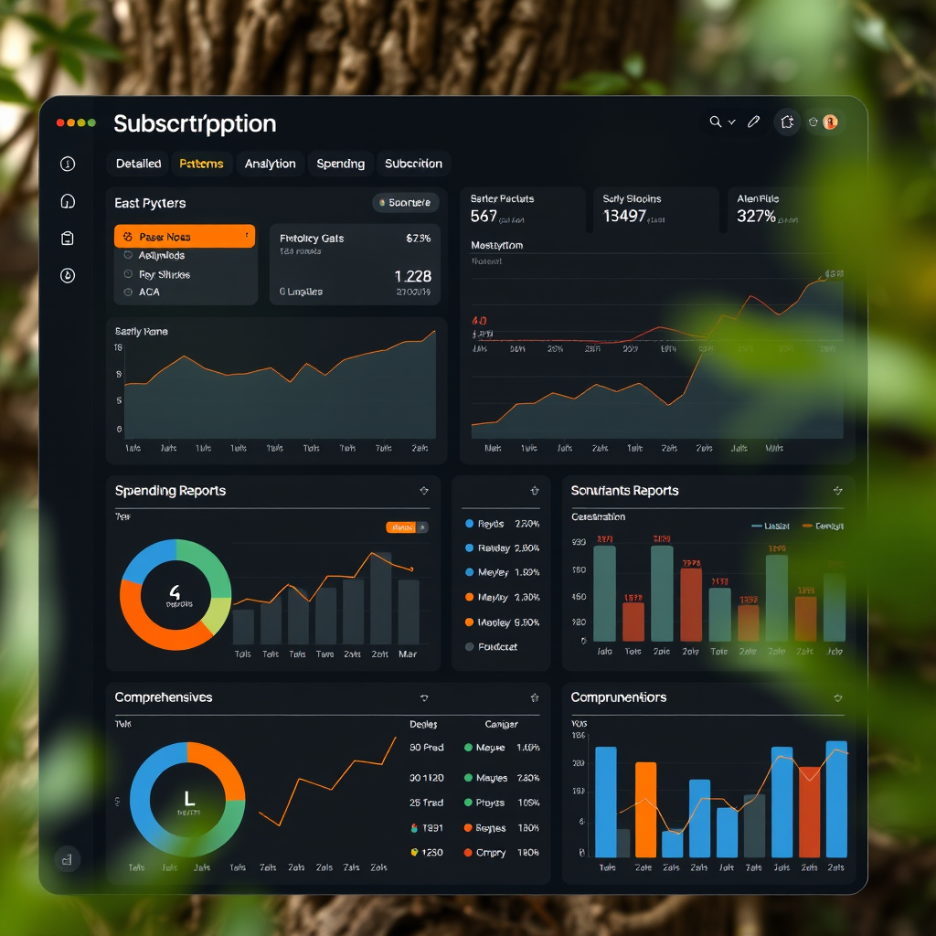 Subscription analytics dashboard displaying detailed usage patterns, spending trends, and comprehensive reports with charts and graphs for mobile service consumption